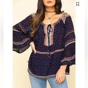 Free People Talia Navy Bohemian Blouse with Embroidered Details Bell Sleeves XS